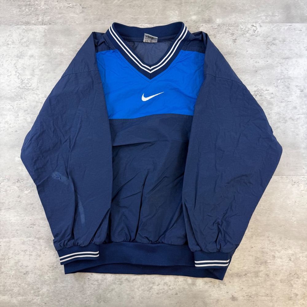 Vintage Nike V-Neck Windbreaker Pullover Blue Embroidered Swoosh Boys Large